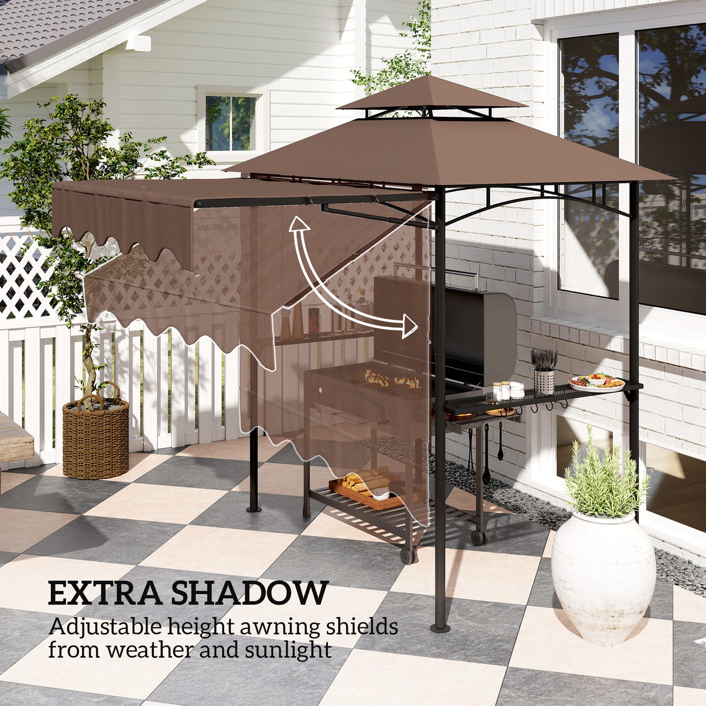 Brown grill gazebo shelter with adjustable side awning panels for extra shade