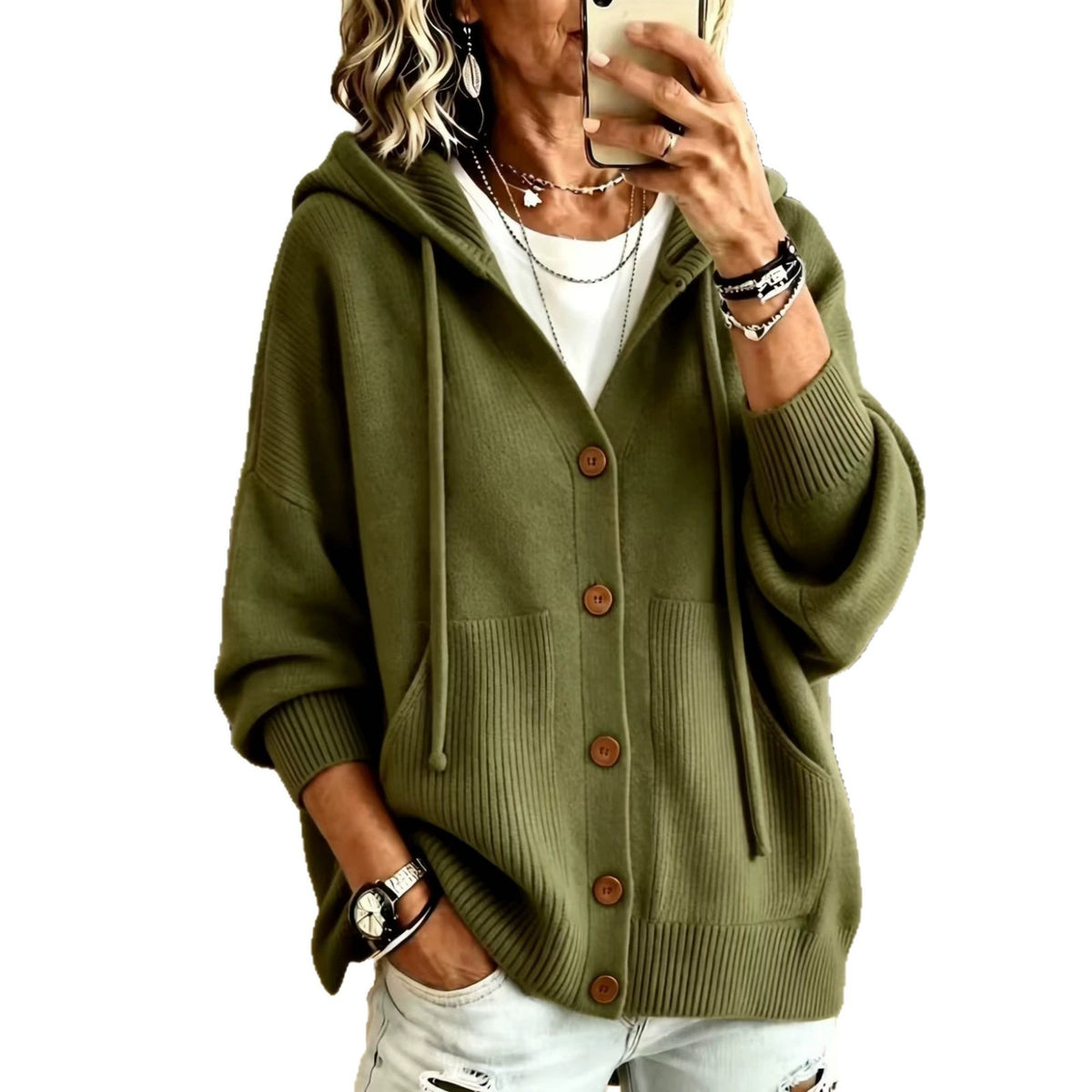 Olive green button-knit hooded cardigan with front buttons and kangaroo pocket