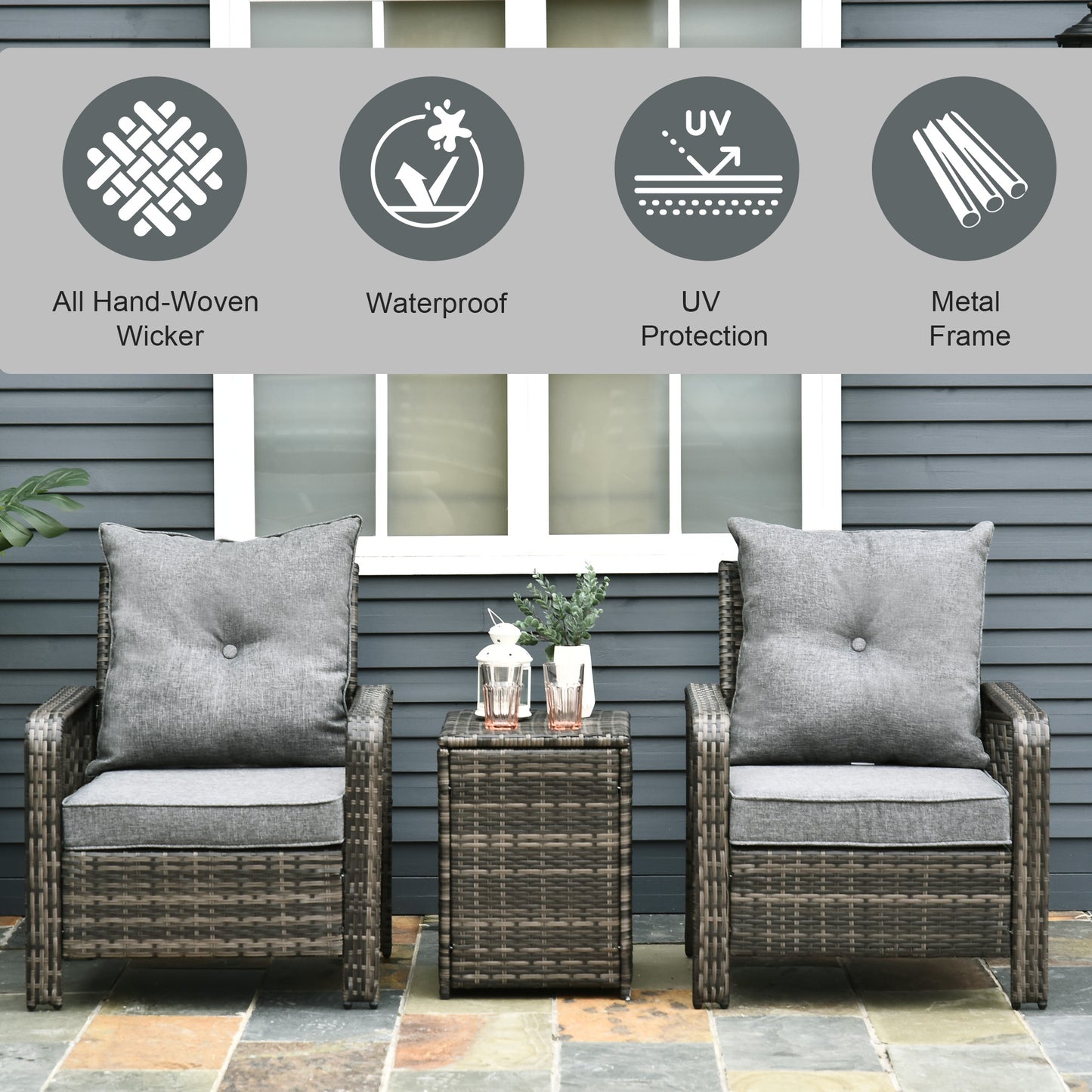 Two gray cushioned resin wicker patio chairs with a matching square table
