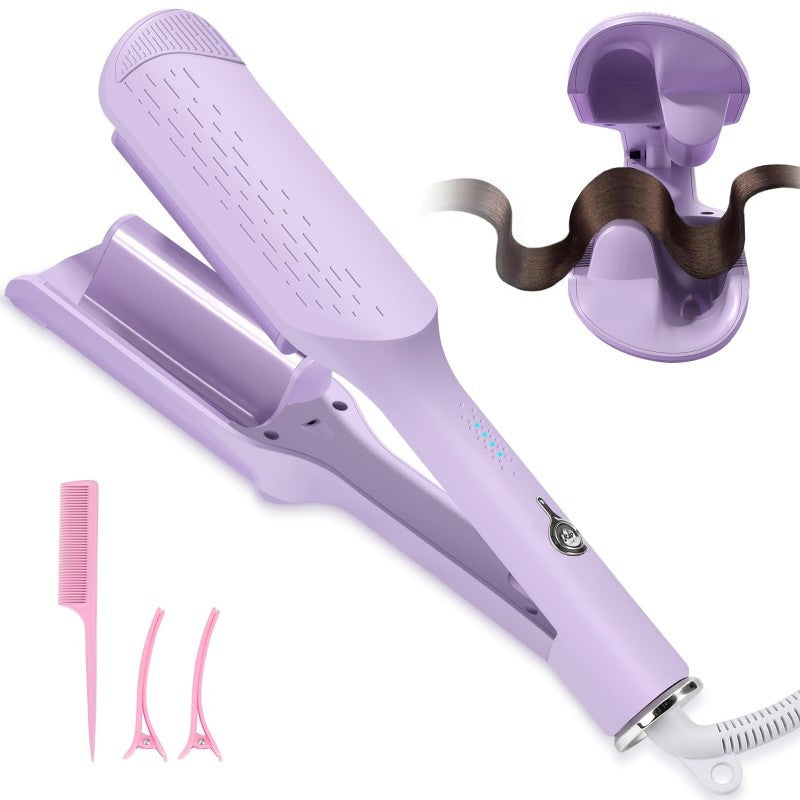 Lilac beach wave curling iron, side view showing clamp and ribbed heating plate