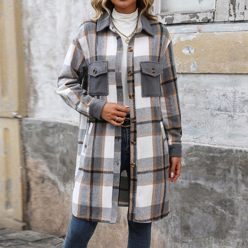 Women's Brushed Plaid Long Coat with Pockets New Brushed Plaid Long Coat With Pockets | Ectron Online