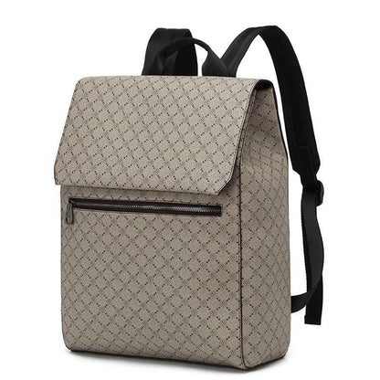 Beige backpack with textured fabric, front zipper pocket, flap closure, side profile