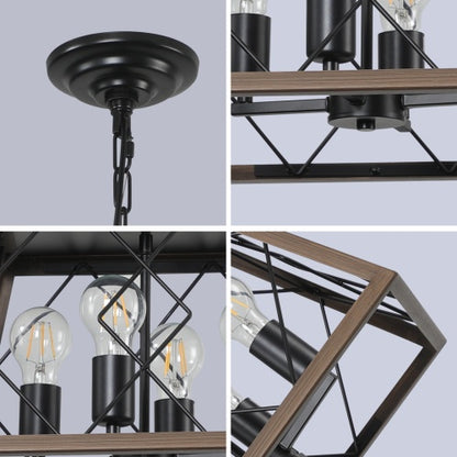 Black chandelier details: round ceiling canopy, chain, and geometric metal cage frame