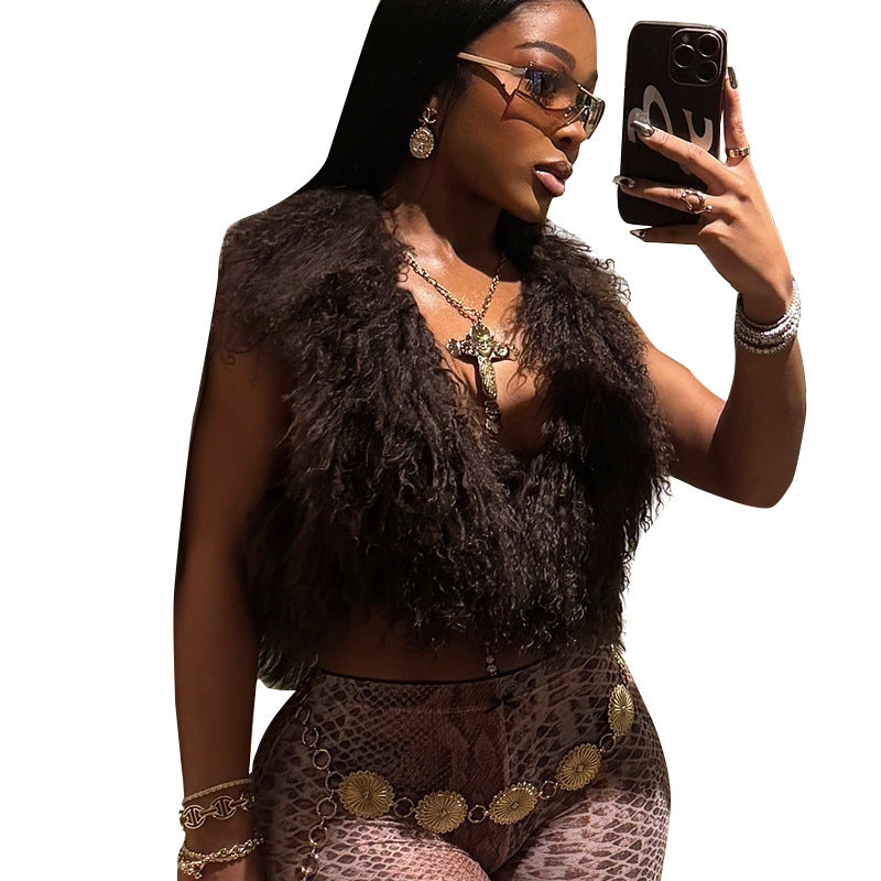 Vest Fashion Bare Back Fur Collar Halter Top
