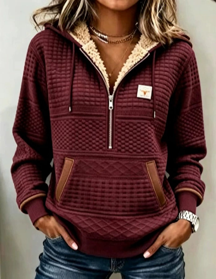 Women’s half-zip burgundy knit hoodie, sherpa-lined collar, kangaroo pocket