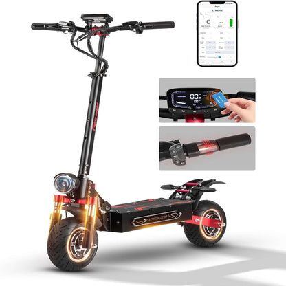 Black electric scooter with red accents, front wheel detail and handlebar display