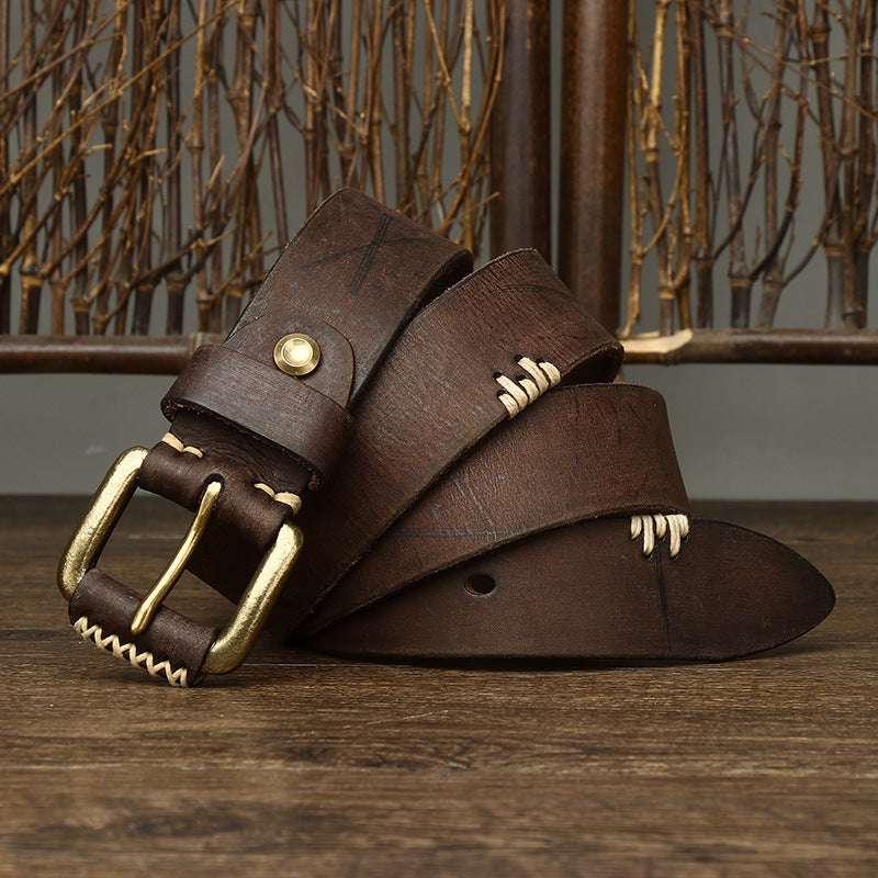 Handmade Retro Leather Belt - First Layer Cowhide & Copper Buckle Handmade Retro First Layer Cow Leather B | Ectron Online