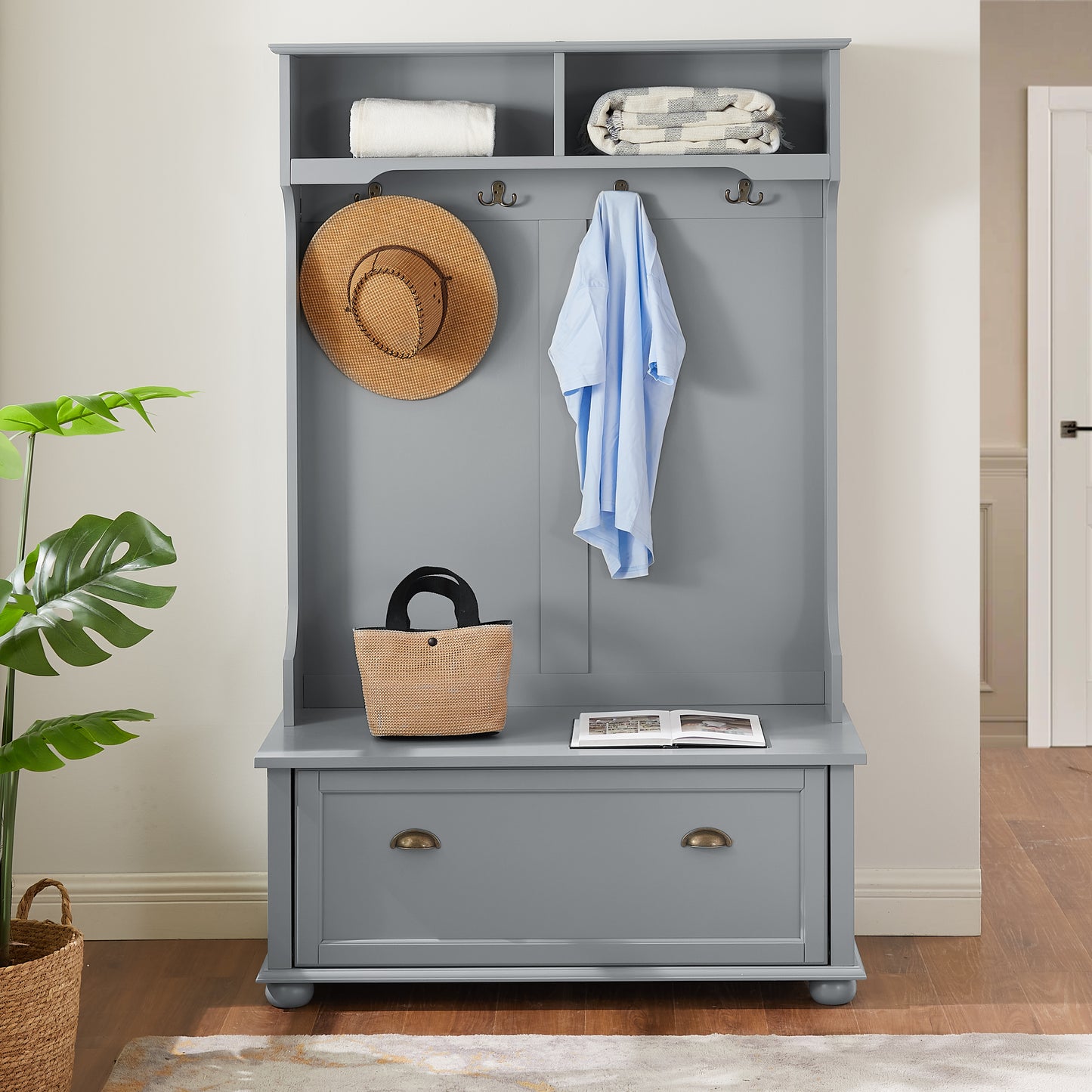 Modern Hall Tree with Shoe Bench & Coat Hooks - 40" Gray Entryway