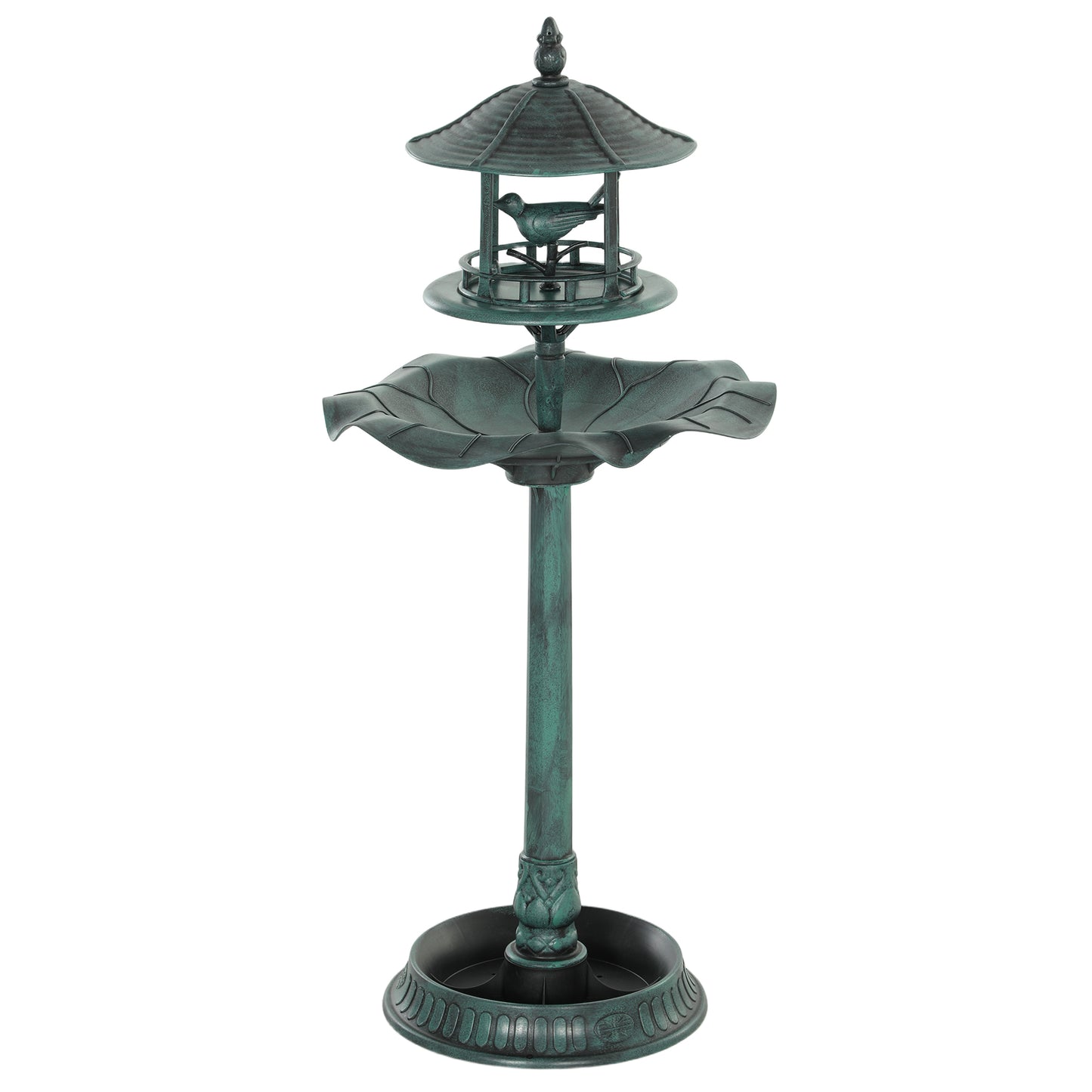 Antique green 3-in-1 garden bird bath and feeder pedestal, full stand view