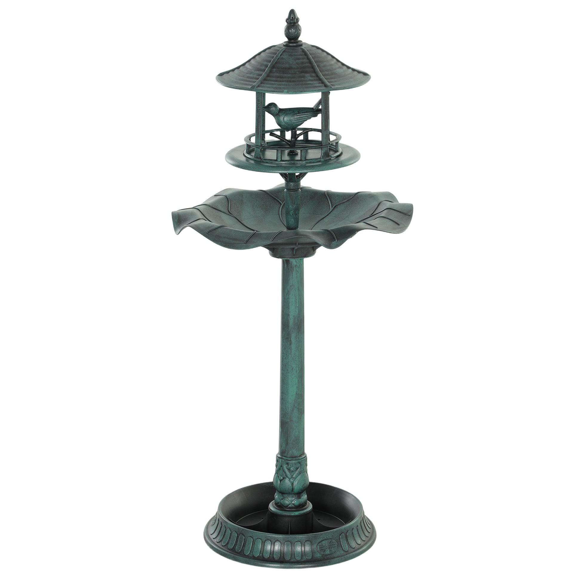 Antique green 3-in-1 garden bird bath and feeder pedestal, full stand view