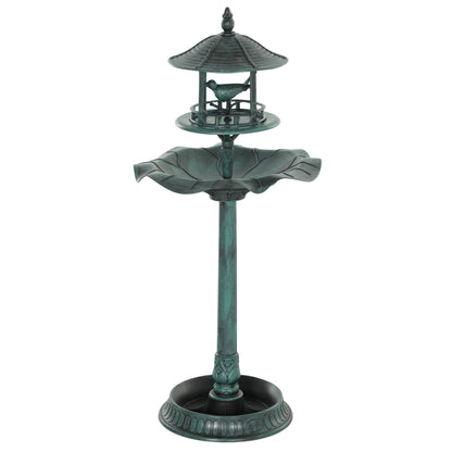 Antique green 3-in-1 garden bird bath and feeder pedestal, full stand view
