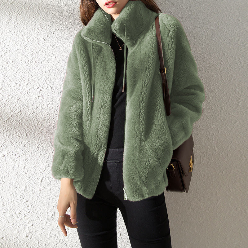 Women's Double-Faced Fleece Cardigan Double Faced Fleece Warm High Neck Sweat | Ectron Online