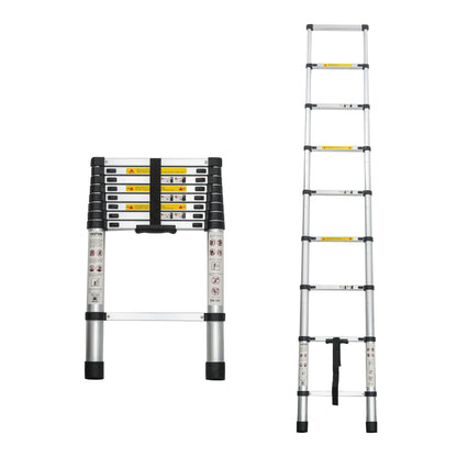 Portable aluminum telescoping ladder, folded and extended side-by-side view.