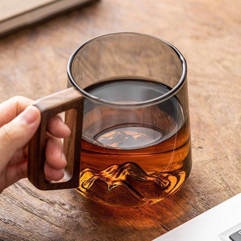 Glass Drinking Cup with Wooden Handle & Lid - 14oz