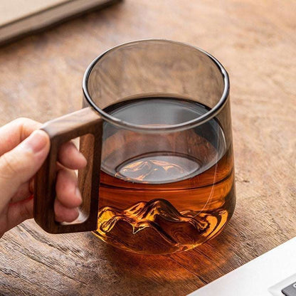 Glass Drinking Cup with Wooden Handle & Lid - 14oz