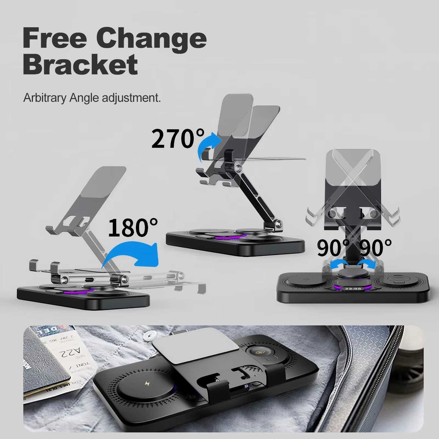 Black 6-in-1 wireless charger station with adjustable flex arm and charging pads