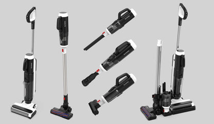 Black and white wet dry vacuum mop set with multiple attachments and charging base