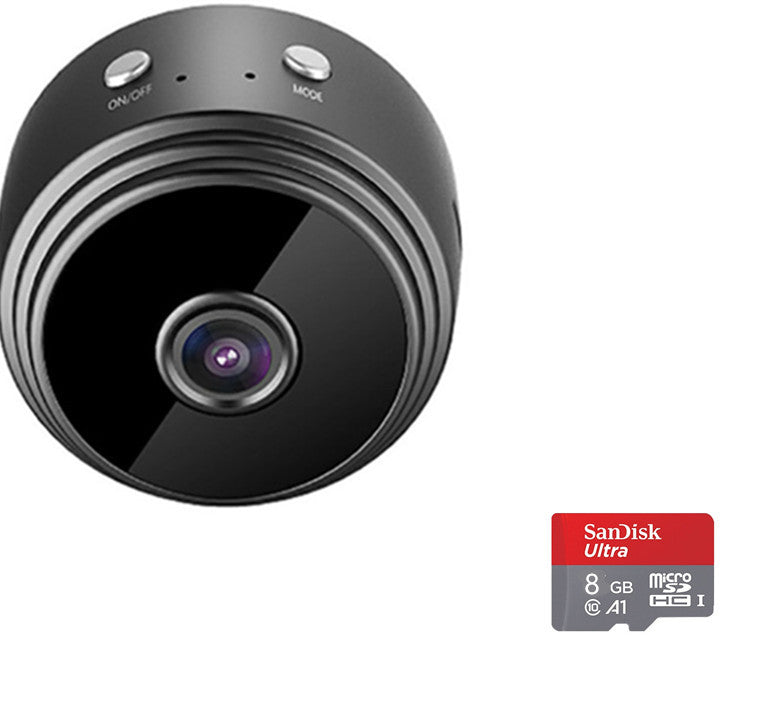 Black wireless security camera with front lens and SanDisk Ultra 8GB memory card
