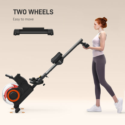 Foldable water rowing machine with two transport wheels and orange front flywheel