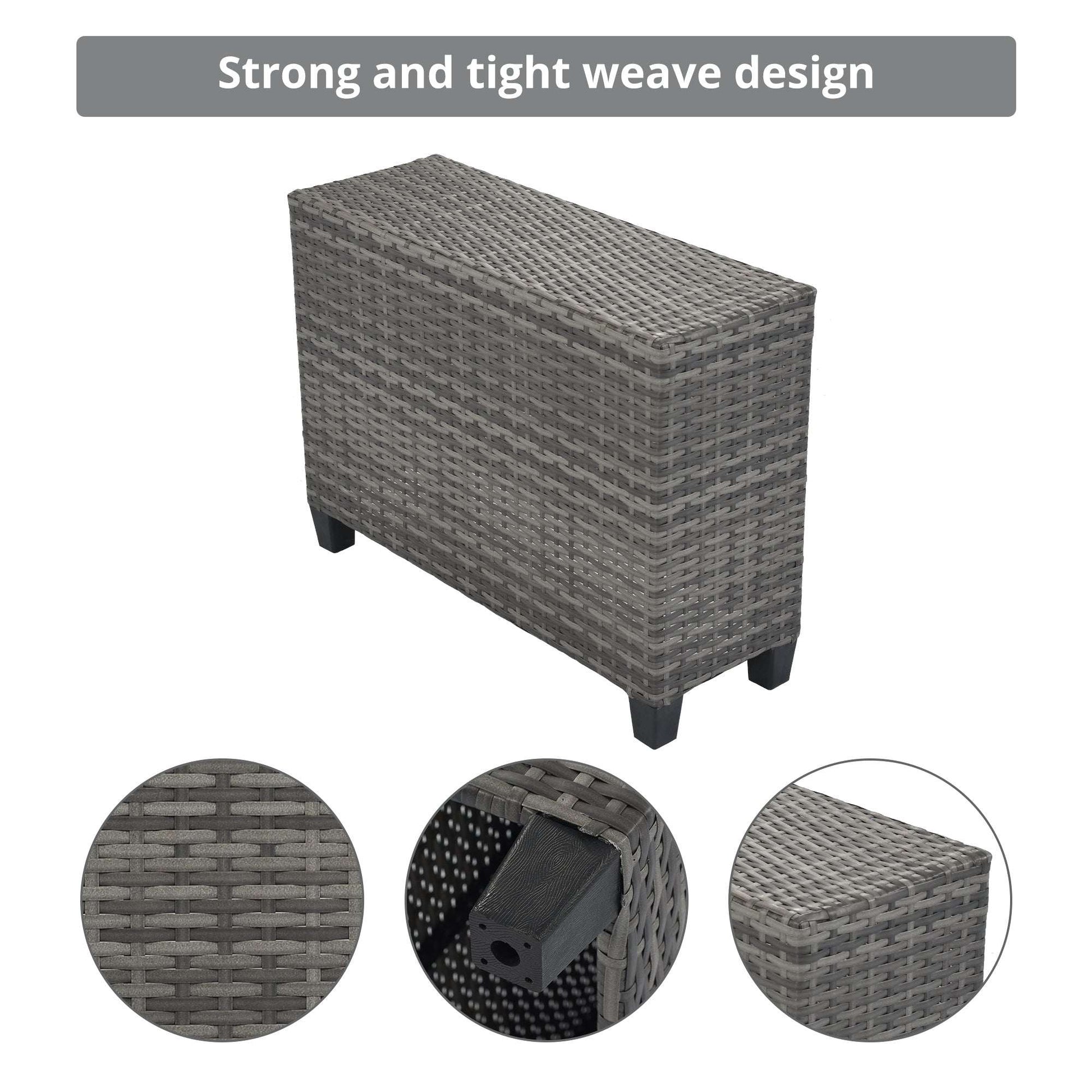 Gray wicker end section with tight weave texture and non-slip chair legs