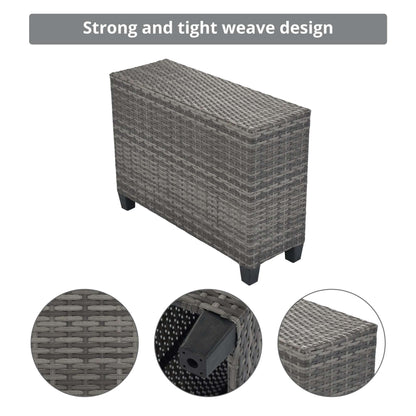 Gray wicker end section with tight weave texture and non-slip chair legs