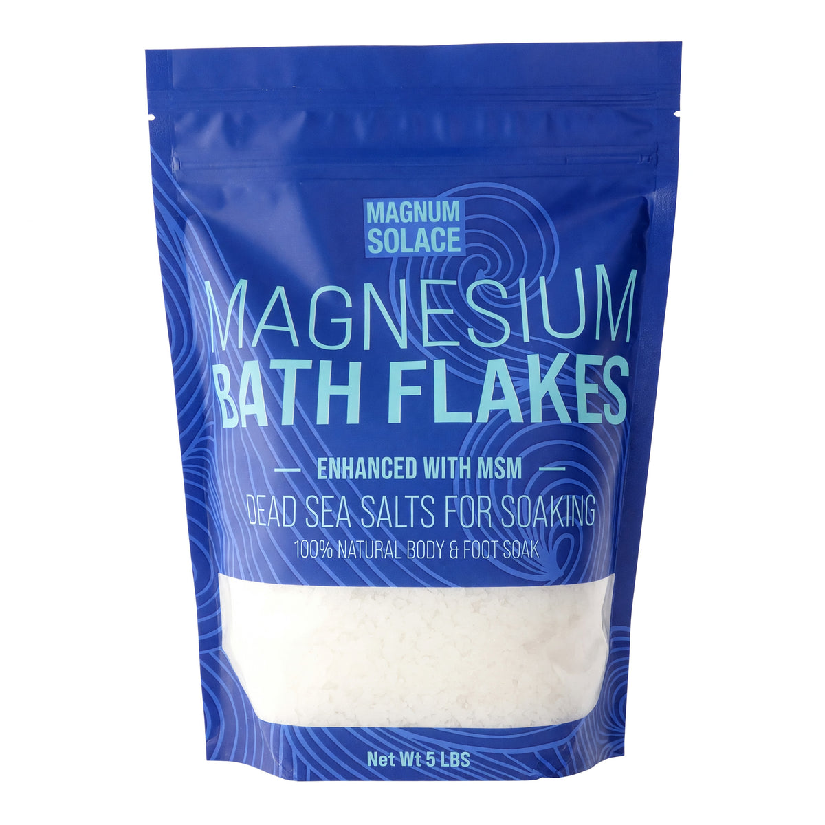 Magnesium bath flakes with MSM in a blue 5 lb pouch with a clear window