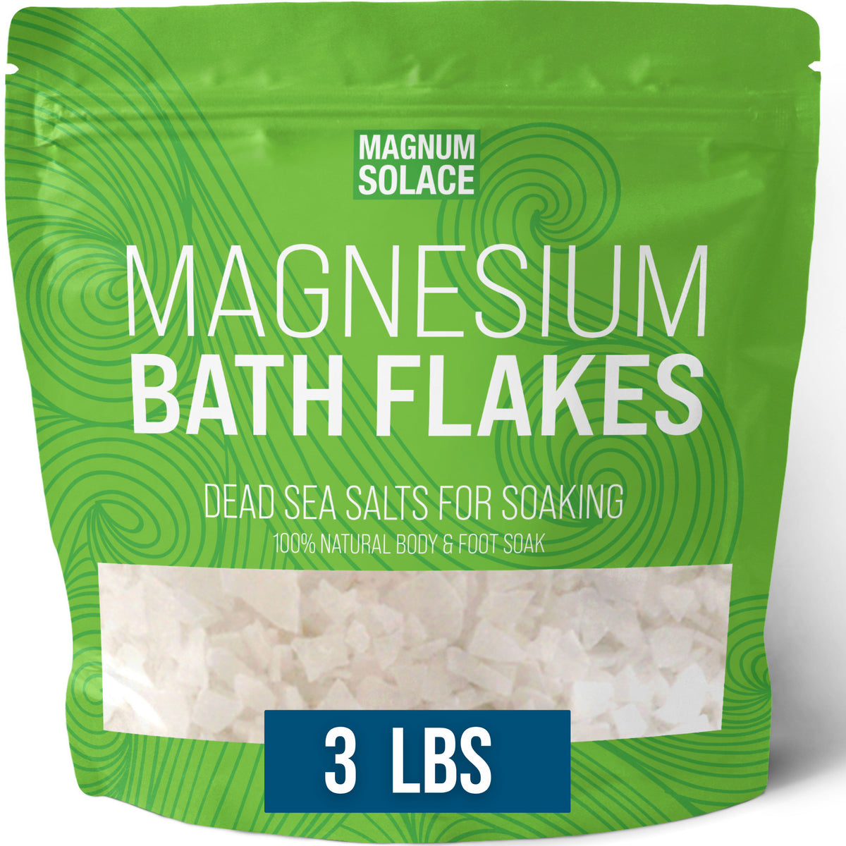 Green 3 lb pouch of Magnesium Bath Flakes, unscented Dead Sea salts for soaking