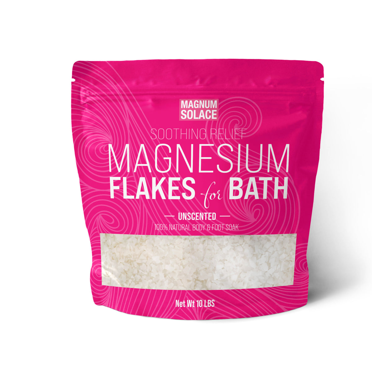 Magnesium bath flakes in a 10 lb magenta resealable pouch with a clear product window.