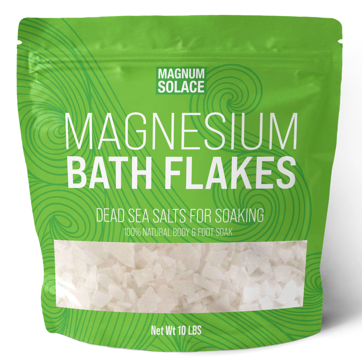 Magnesium bath flakes in a green 10-pound resealable pouch, with a clear window showing white flakes.