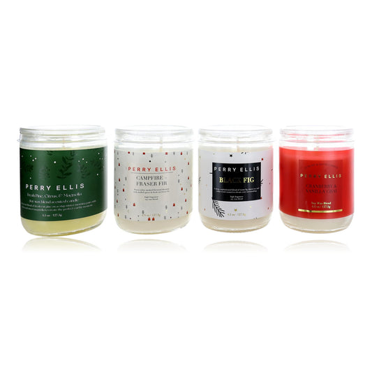 4-piece variety candle set with four labeled glass jars in green, white, cream, and red