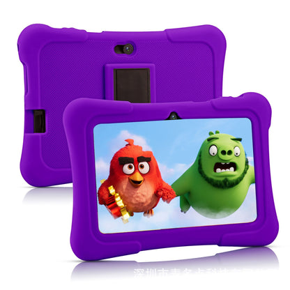 A purple 7-inch children's tablet computer with a silicone sleeve, displaying cartoon characters on the screen.