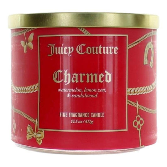 Juicy Couture 14.5 oz Soy Wax Blend 3 Wick Candle - Charmed in a decorative red container with gold accents.