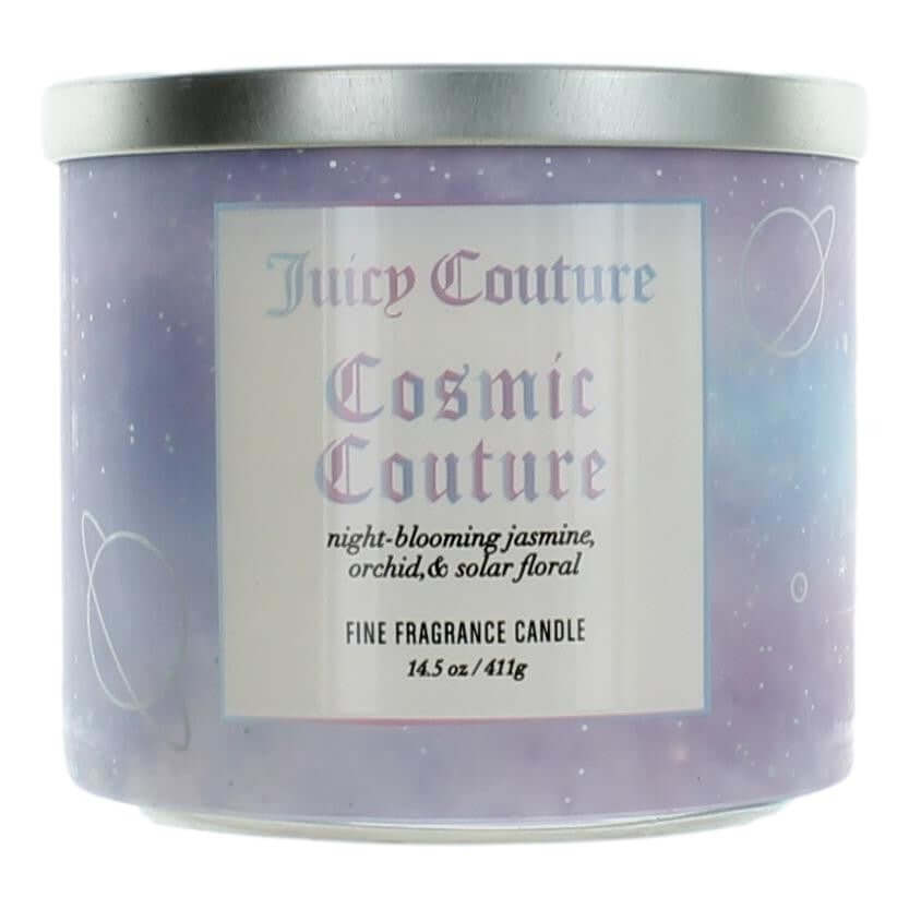 Juicy Couture Cosmic Couture candle, dark purple jar with white label and silver lid