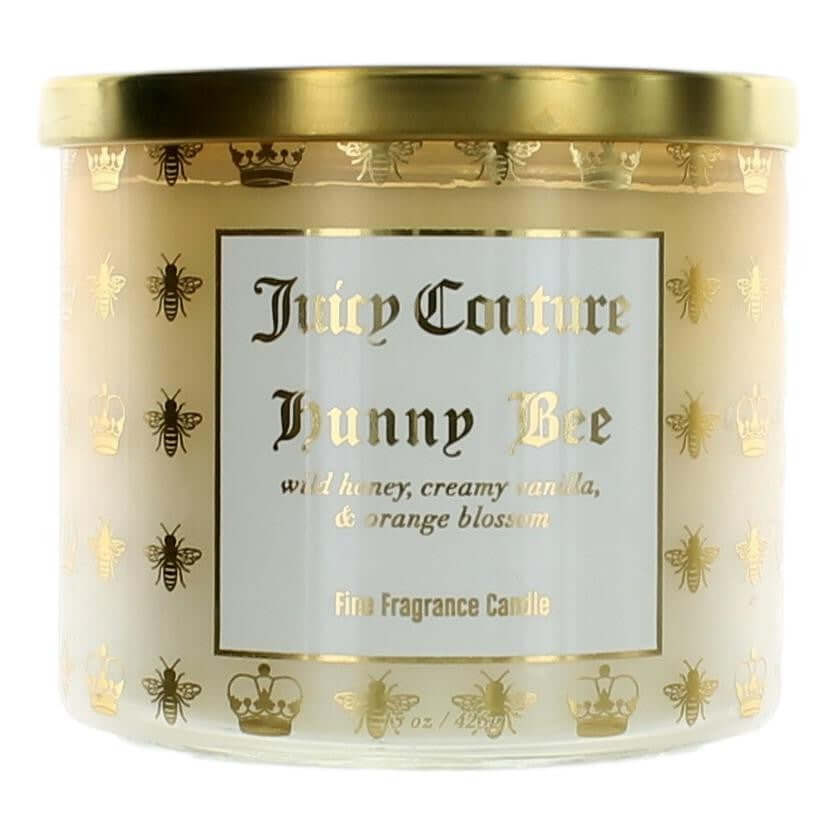 Three-wick soy candle in cream jar with gold lid, 'Hunny Bee' label and bee motifs
