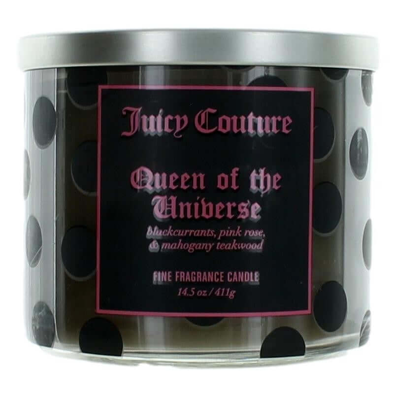 Gray polka-dot 3-wick candle jar with Juicy Couture Queen of the Universe label