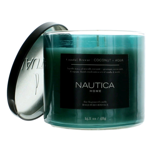 Nautica Home teal glass 3-wick soy candle with black lid and label