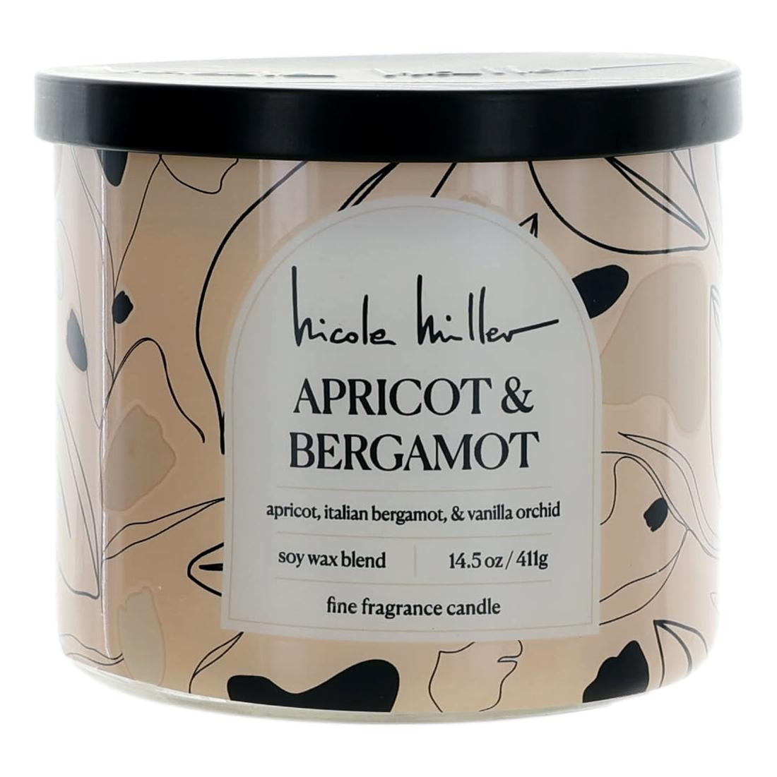 Apricot & Bergamot 3-wick soy wax candle in a lidded glass jar with beige label