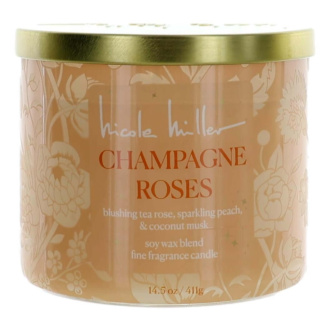 Nicole Miller candle jar with gold lid, Champagne Roses floral label