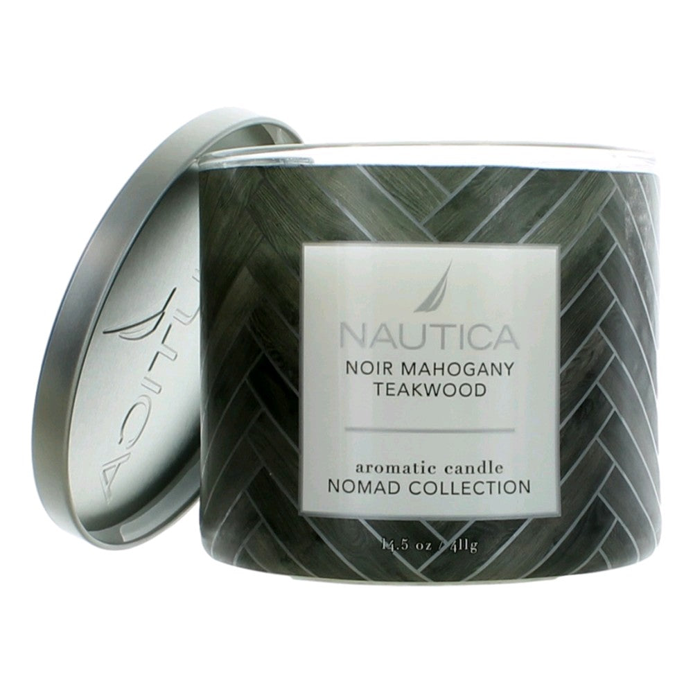 Nautica Noir Mahogany Teakwood scented candle in dark green patterned glass with lid