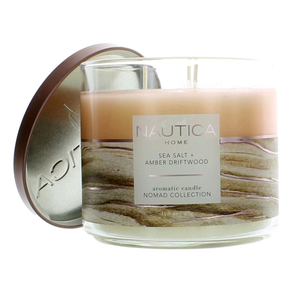 3-wick soy wax blend candle in clear glass jar, creamy peach wax, Nautica label