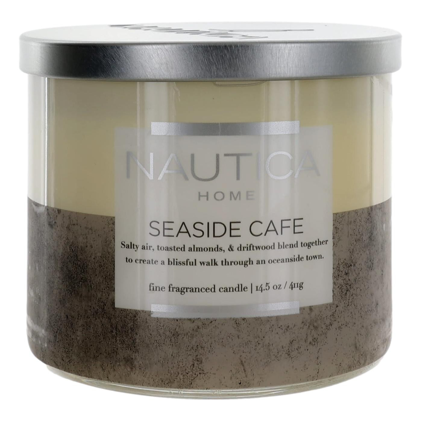 Nautica 3-wick soy candle in frosted glass jar with Seaside Cafe label and silver lid
