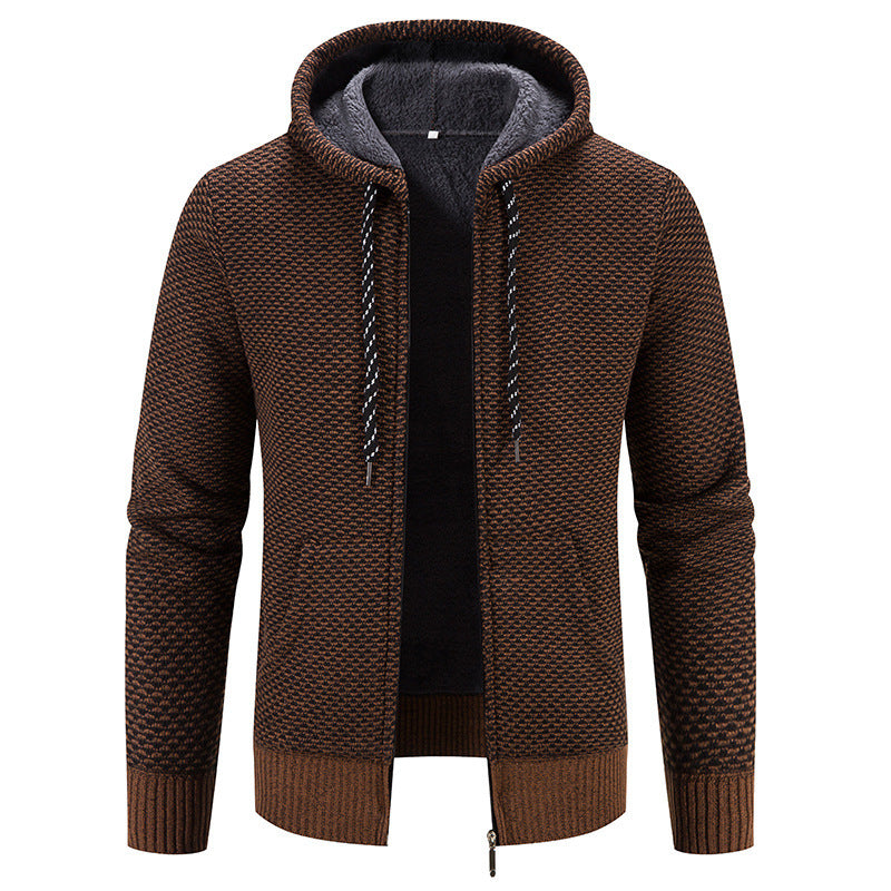 Brown plush zip-front coat with drawstring hood and ribbed cuffs