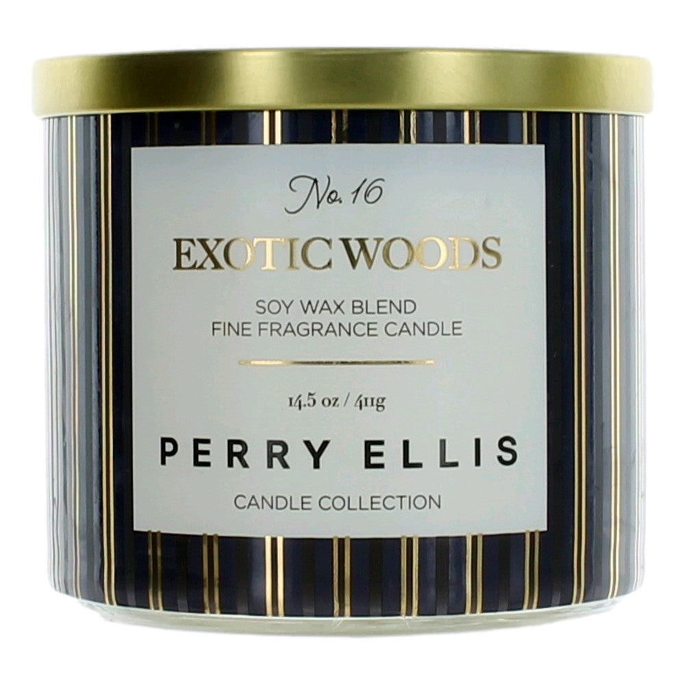 Soy wax blend candle in glass jar with gold-and-black stripes, Exotic Woods label