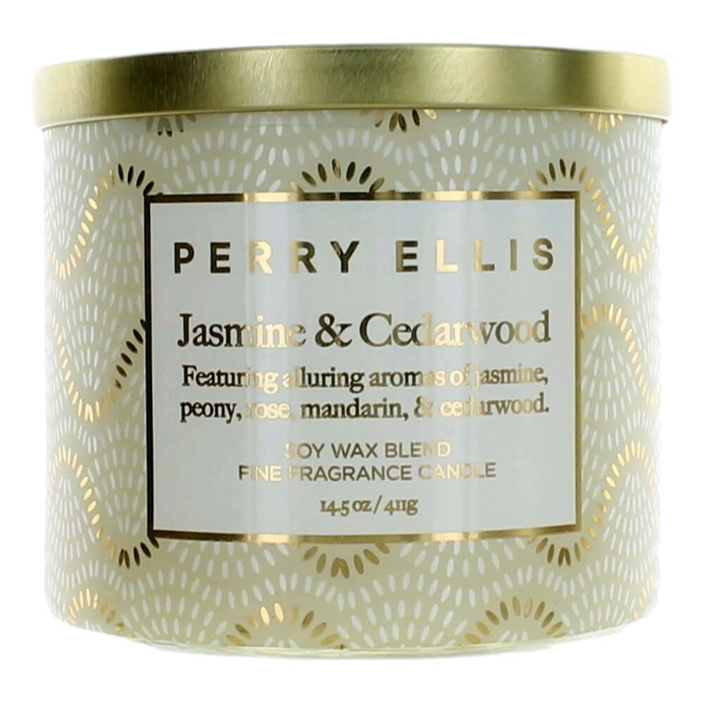 Perry Ellis jasmine & cedarwood 3-wick soy wax candle in cream glass jar, gold lid