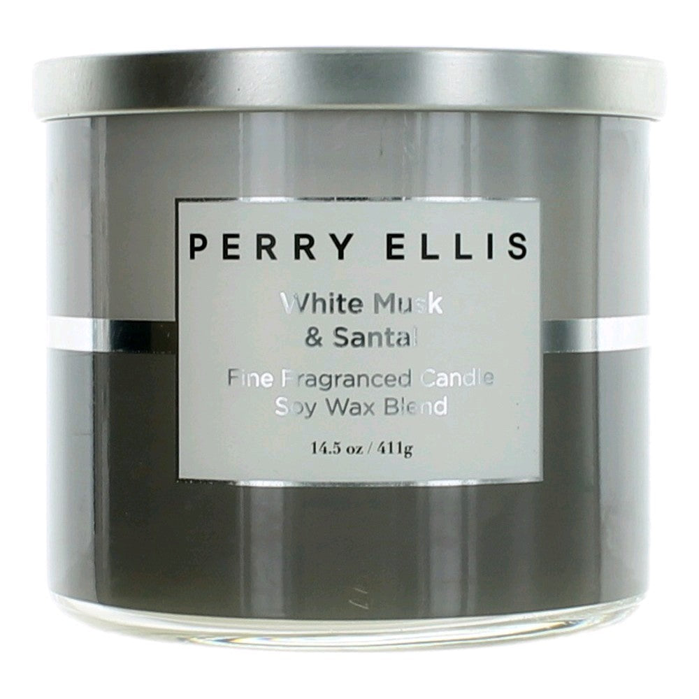 Soy wax blend scented candle in silver jar, labeled White Musk & Santal