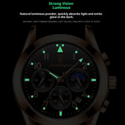Men's wrist watch with dark dial and green luminous markers for visibility in low light