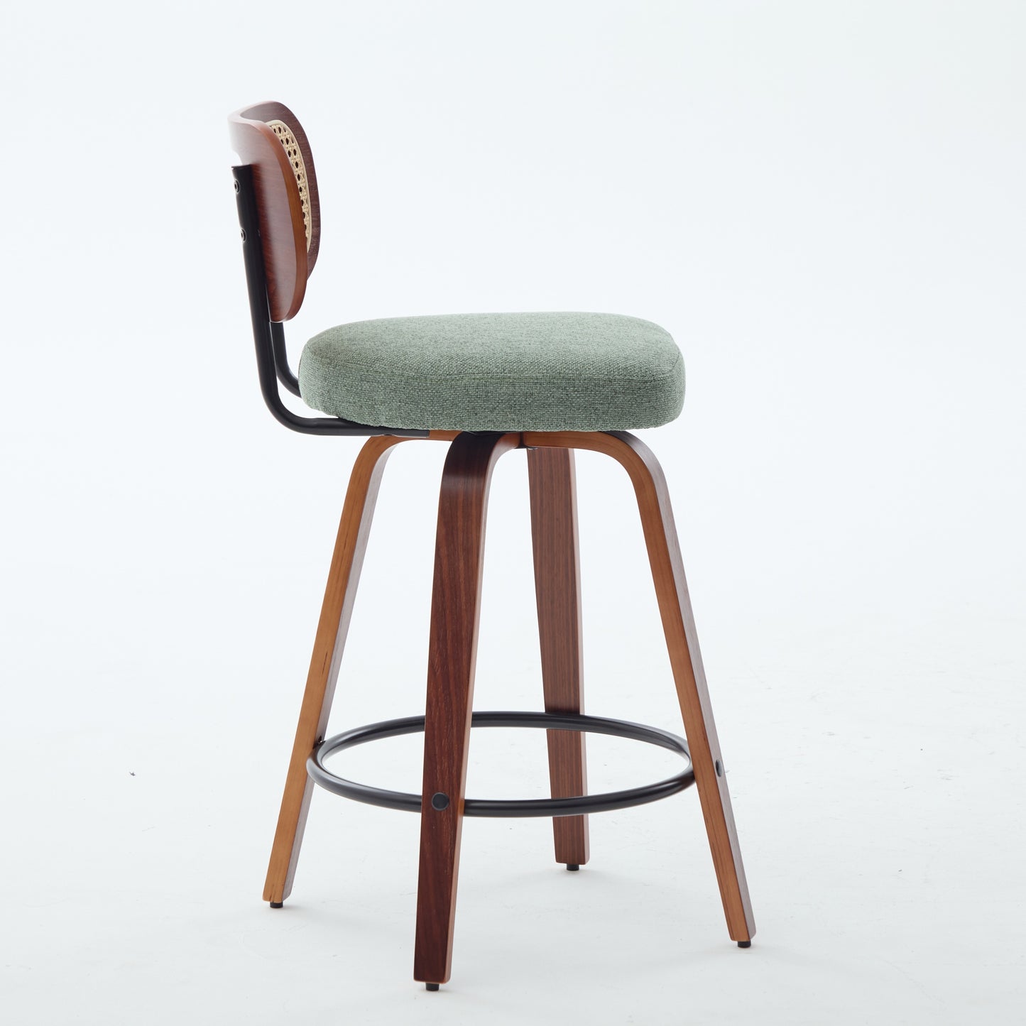 Set of 3 Swivel Counter Stools - Light Green Linen & Cane Rattan Back