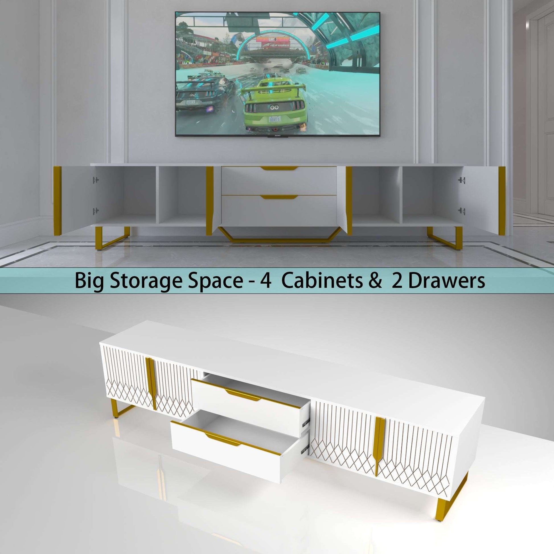White TV console with open shelves, multiple doors, and gold metal legs