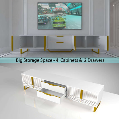 White TV console with open shelves, multiple doors, and gold metal legs