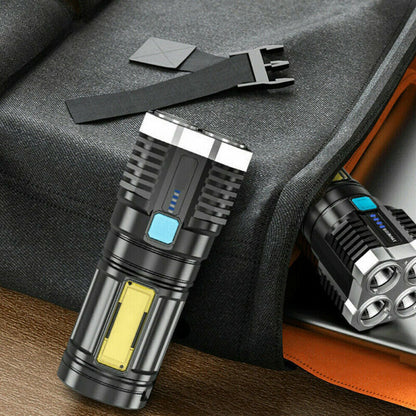 Black rechargeable tactical LED flashlight with yellow COB window and blue control light
